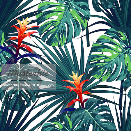 Exotic tropical background with hawaiian plants and flowers. Seamless tropical pattern with green monstera and sabal palm leaves, guzmania flowers. Vector illustration.