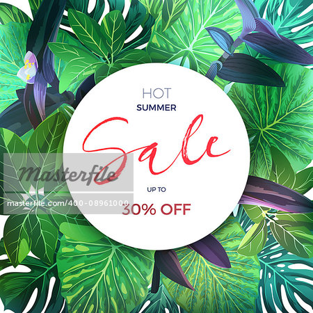 Green botanical summer tropical sale flyer with palm leaves and exotic purple flowers. Floral template, vector illustration.