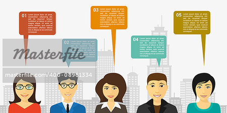 infographic template design with people and speech bubbles, flat style illustration
