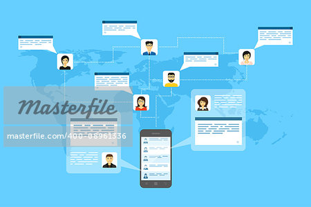 picture of mobile phone, people avatars and speech bubbles, flat style illustration, internet connection, social network concept