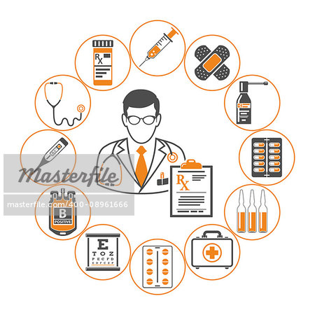 medicine and healthcare infographics with two color icons like Doctor, blood transfusion, prescription, syringe, thermometer. isolated vector illustration