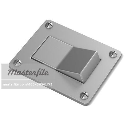 Blank, silver, power switch button. Angled view. 3D render illustration isolated on white background