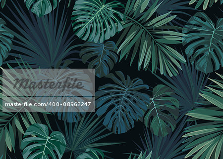 Seamless hand drawn botanical exotic pattern with green palm leaves on dark background. Vector illustration.