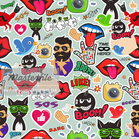 Graffiti seamless texture with social media signs and other shiny icons. Vector