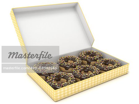 Box of chocolate donuts. Side view. 3D render illustration.isolated on white background