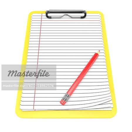 Yellow clipboard and blank lined paper. 3D render illustration isolated on white background