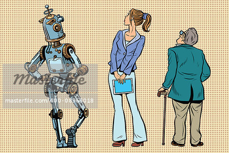 Robot, girl and old viewers are back. A set of human shapes silhouettes. Pop art retro vector illustration