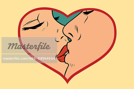 Man and woman kissing, love heart. Romantic couple. Comic cartoon vintage pop art retro vector illustration