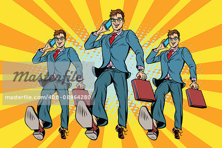 Several businessmen with telephone marching. Pop art retro vector illustration drawing