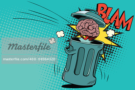 human brain is thrown in the trash. Comic book cartoon pop art retro color vector illustration hand drawn