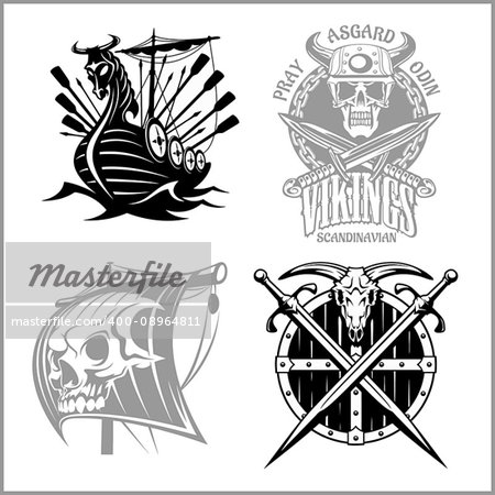 Set of viking emblems, labels and logos. Monochrome style