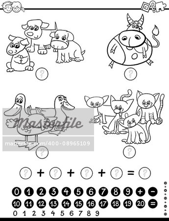 Black and White Cartoon Illustration of Educational Mathematical Activity Game for Children with Animal  Characters Coloring Page