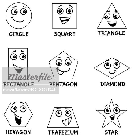 Black and White Cartoon Illustration of Basic Geometric Shapes Funny Characters for Children Coloring Book