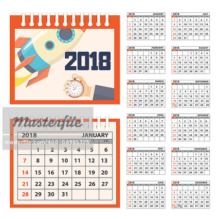 Business calendar for desk on 2018 year. Set of the 12-month isolated pages with image on the cover. Week starts on Sunday. eps 10