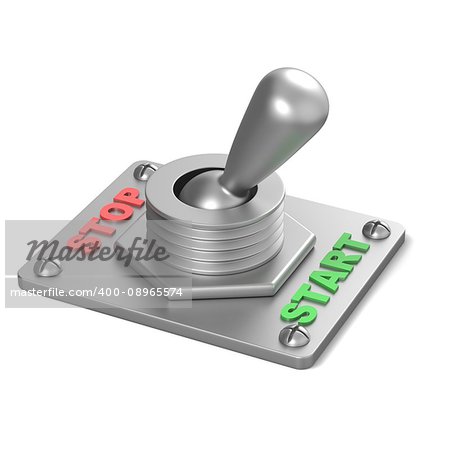 Metal toggle switch, flipped in the START position. 3D render illustration isolated on white background