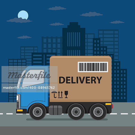 Delivery truck with cardboard box on city background. Product goods shipping transport. Fast delivery service illustration. Also available as a Vector in Adobe illustrator EPS 10 format.