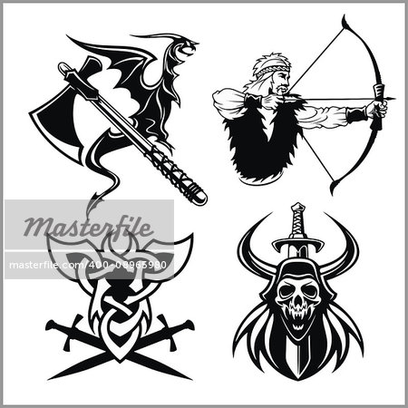 Set of viking emblems, labels and logos. Monochrome style