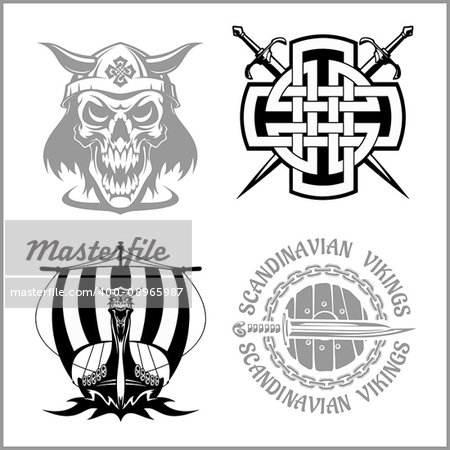 Set of viking emblems, labels and logos. Monochrome style