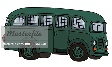 Hand drawing of an old green prison bus