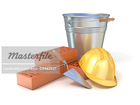 Fragment of red brick wall, trowel, metal bucket and safety helmet, isolated on white background. Concept of construction industry
