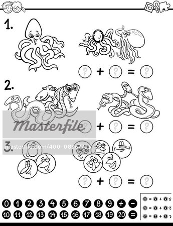 Black and White Cartoon Illustration of Educational Counting and Addition Mathematical Activity for Children with Animal Characters Coloring Page