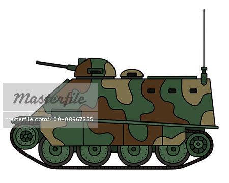 Hand drawing of an old color camouflaged small armored tracked vehicle