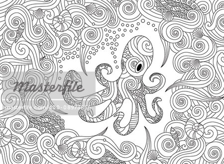 Coloring page with ornate octopus isolated on white background. Vertical composition. Coloring book for adult and older children. Editable vector illustration.