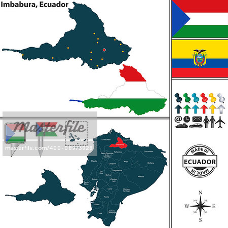 Vector map of province of Imbabura with flags and location on Ecuadorian map