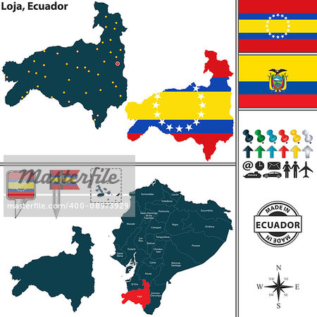 Vector map of province of Loja with flags and location on Ecuadorian map