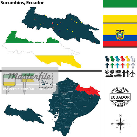 Vector map of province of Sucumbios with flags and location on Ecuadorian map