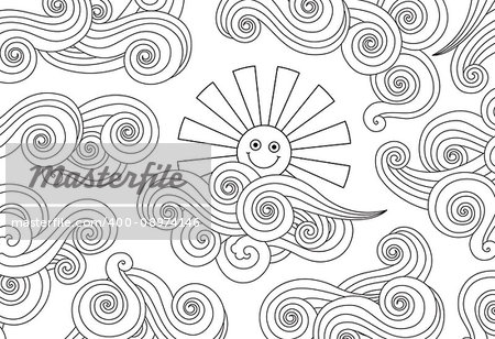 Contour image of smiling sun and clouds doodle style. Horizontal composition. Coloring book, antistress page for adult and older children. Editable vector illustration.