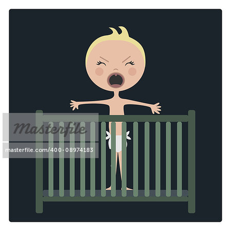 Cartoon baby screaming in child bed, vector