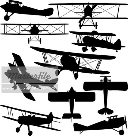 Silhouettes of old aeroplane - contours of biplanes