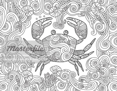 Coloring page. Ornate crab and sea wave curl background. Horizontal composition. Coloring book for adult and children. Editable vector illustration.