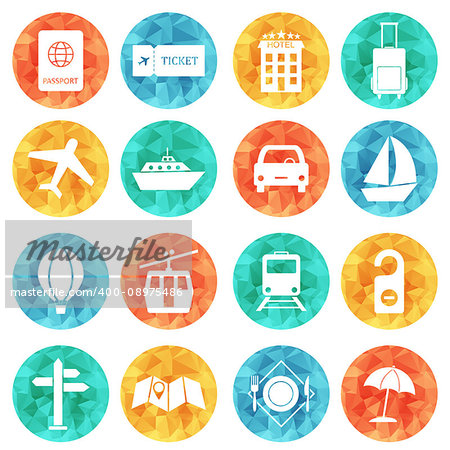 Travel and tourism icons flat colored vector set.