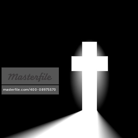 illustration of a white cross with radiant shine on a dark background, symbol for religion, eps10 vector