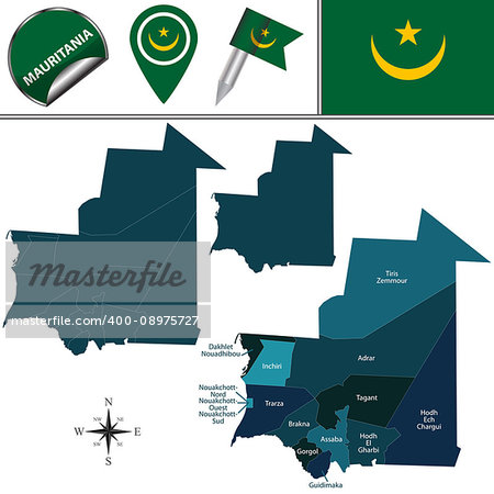 Vector map of Mauritania with named regions and travel icons