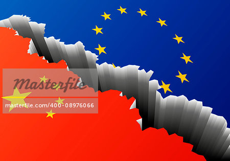 detailed illustration of the european and chinese Flag with a deep crack, symbol for crisis and problems, eps10 vector