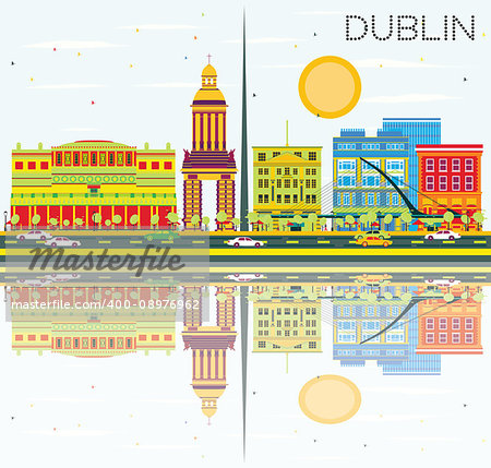 Dublin Skyline with Color Buildings, Blue Sky and Reflections. Vector Illustration. Business Travel and Tourism Concept with Historic Architecture. Image for Presentation and Banner.