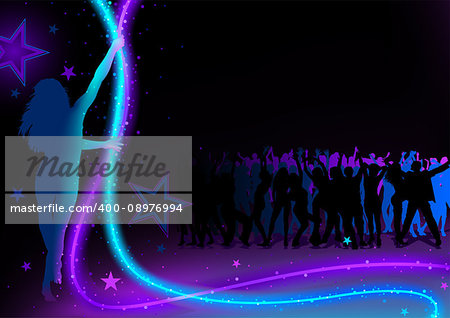 Dance Party Background with Young Woman Silhouette Holding Light Chain and Dancing Crowd - Abstract Illustration, Vector