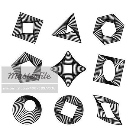 Vector icons set with simple geometric shapes transformations. Spirograph style decorative design elements isolated on white background