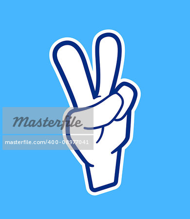 Vector sticker with victory or peace hand sign in outline cartoon style. Number two gesture with arm for trendy applique template