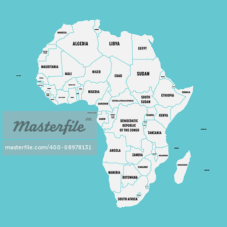 Simple flat map of Africa continent with national borders and country name labels on blue background. Vector illustration.