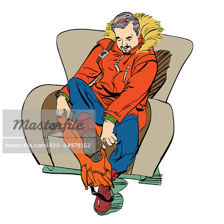 male polar wears boots overshoes. Caricature cartoon style hand drawn color illustration