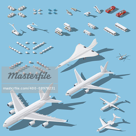 Various passenger airplanes and maintenance equipment for airport isometric icons set vector graphic illustration