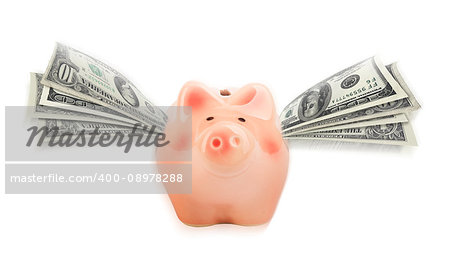 Pink piggy bank with wings of paper dollars. The piggy bank is flying. Isolated on white background