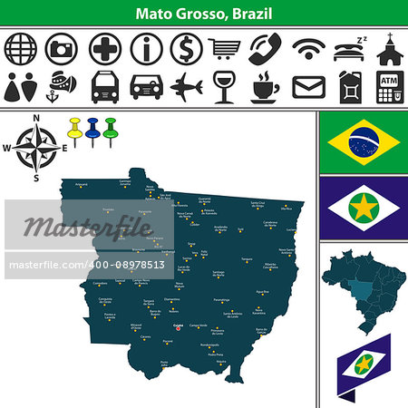 Vector map of region of Mato Grosso with flags and location on Brazilian map