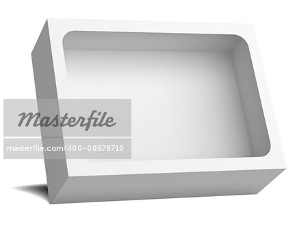 White empty packing cardboard box. In the box cutout in the middle. Box tilted back. Isolated on white background. 3D illustration