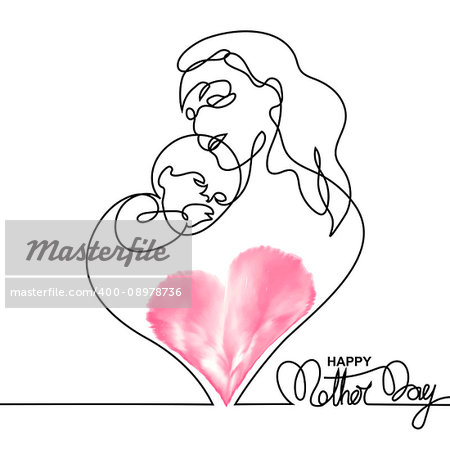 Simple line art of a mother holding her baby with heart shape. Happy mother day card. Continuous line art vector illustration