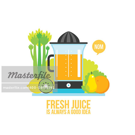 Juicer Fresh vegetables greens and fruits on white background Vector illustration